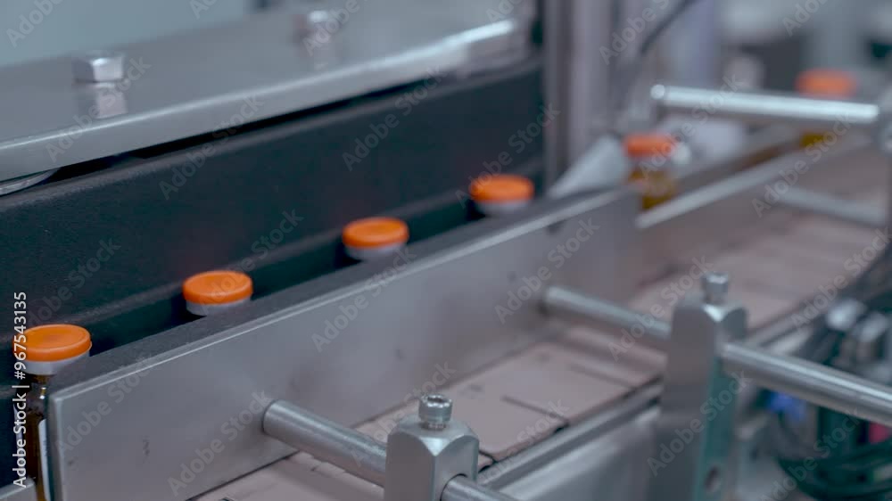 vaccine injection manufacturing line glass vial bottle on a conveyor belt in a Pharma production factory injections in small ampoule vials factory process with latest hi tech machinery vaccine injection manufacturing line glass vial bottle on a conveyor belt in a Pharma production factory injections in small ampoule vials factory process with latest hi tech machinery
