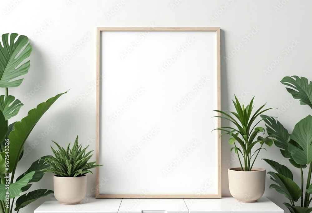 Minimalist mockup space with blank poster frame surrounded by lush indoor plants. Modern and fresh decor inspiration Minimalist mockup space with blank poster frame surrounded by lush indoor plants. Modern and fresh decor inspiration