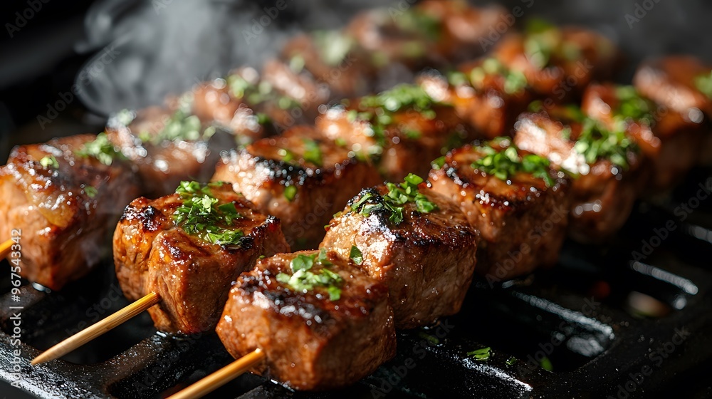 Sizzling lamb skewers, chargrilled kebabs, juicy meat chunks, caramelized edges, fresh green herbs sprinkled on top, metal grill background, close-up food photography.