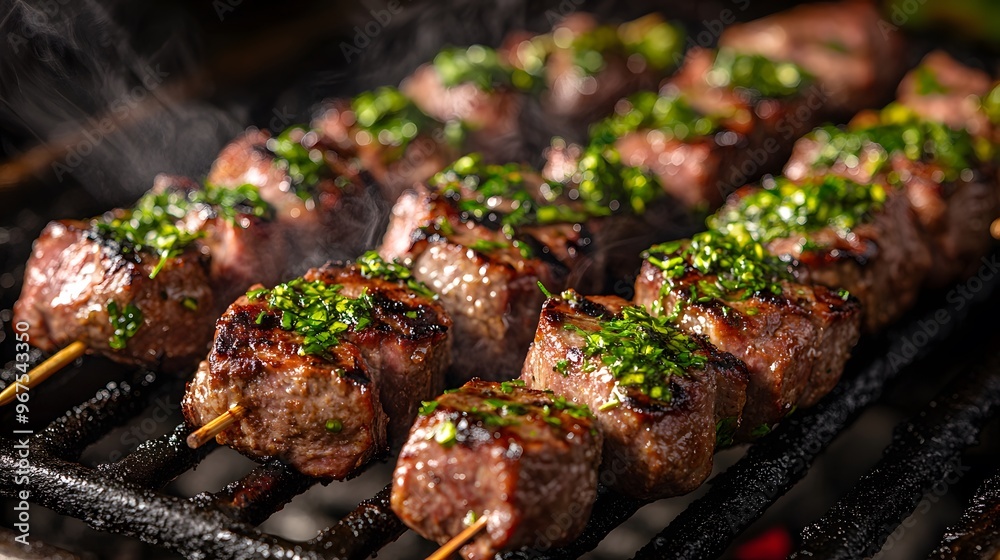Sizzling lamb skewers, chargrilled kebabs, juicy meat chunks, caramelized edges, fresh green herbs sprinkled on top, metal grill background, close-up food photography. Sizzling lamb skewers, chargrilled kebabs, juicy meat chunks, caramelized edges, fresh green herbs sprinkled on top, metal grill background, close-up food photography.