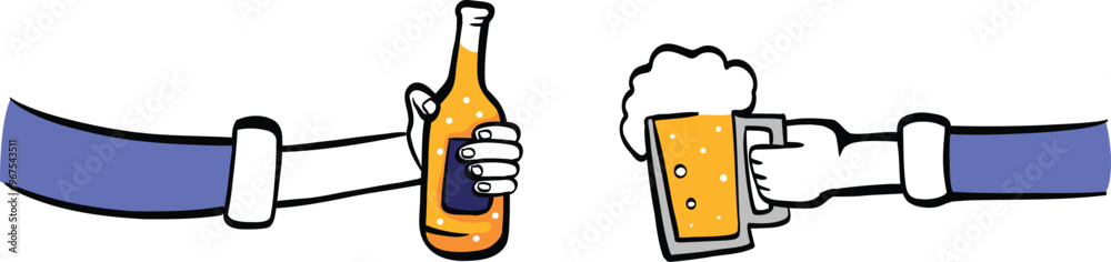 Two people hands holding bottle and glass for toast, celebrating success, partnership, friendship, birthday party. Vector illustration. Two people hands holding bottle and glass for toast, celebrating success, partnership, friendship, birthday party. Vector illustration.