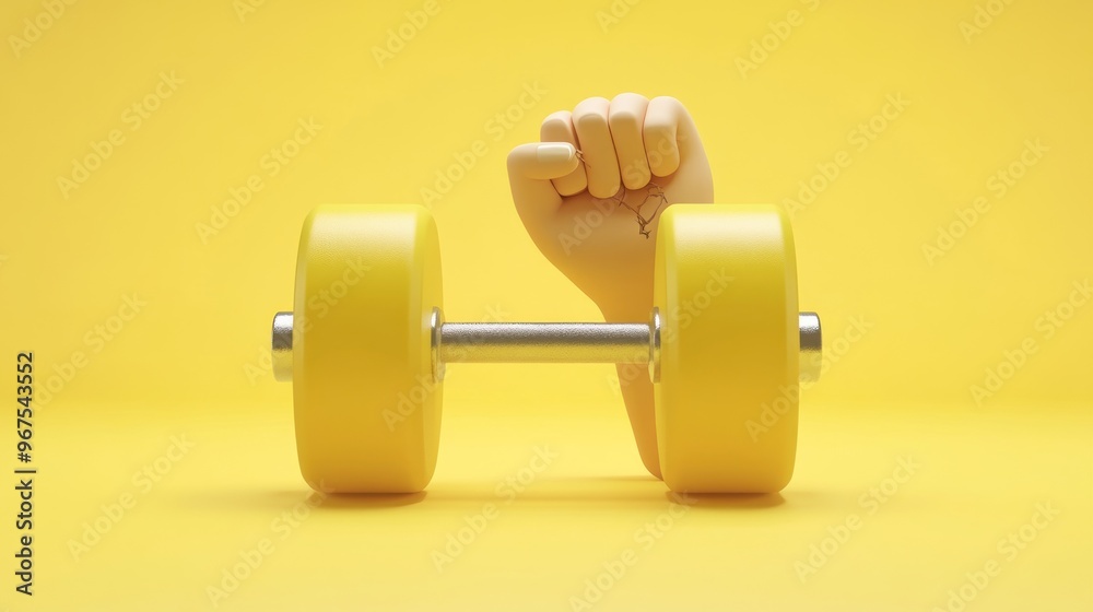 Yellow Dumbbell with a Cartoon Hand Yellow Dumbbell with a Cartoon Hand