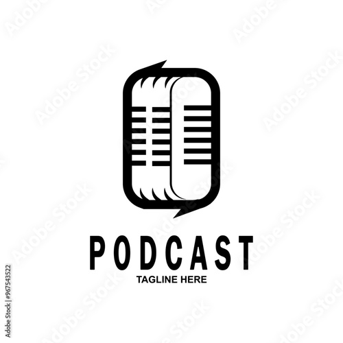 Podcast with microphone. Unique business podcast logo emblem design template.