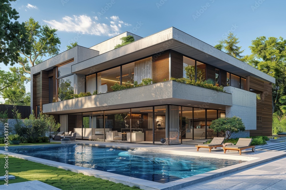 Modern house with swimming pool and garden, concrete walls, wooden windows, daylight rendering, blue sky, 3D render, high resolution.