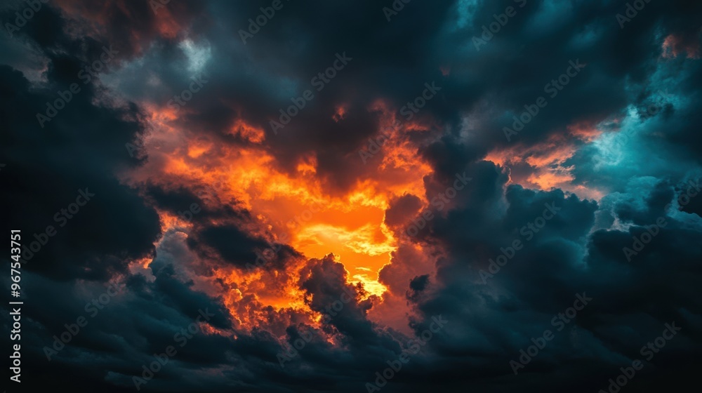A dramatic sunset with storm clouds gathering, the sky a mix of dark blues and A dramatic sunset with storm clouds gathering, the sky a mix of dark blues and
