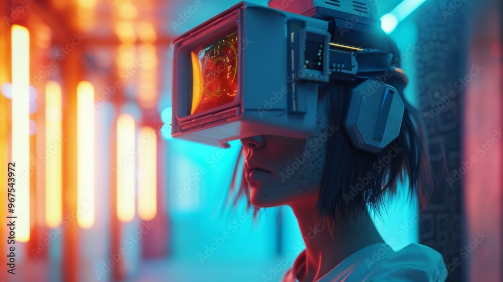 A futuristic woman with VR headset explores a neon-lit world, merging technology and imagination in a unique experience. A futuristic woman with VR headset explores a neon-lit world, merging technology and imagination in a unique experience.