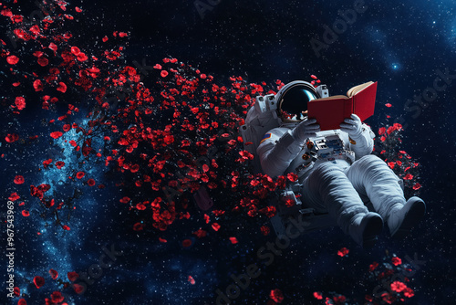 Astronaut in space reading book surrounded by flowers photo