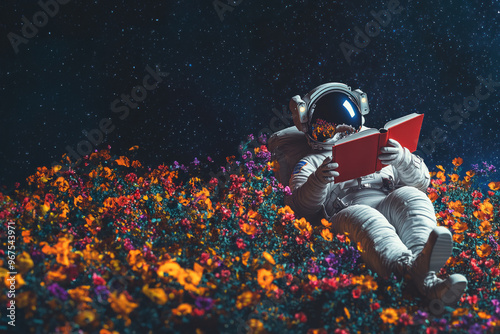Astronaut reading book amongst blooming flowers in space