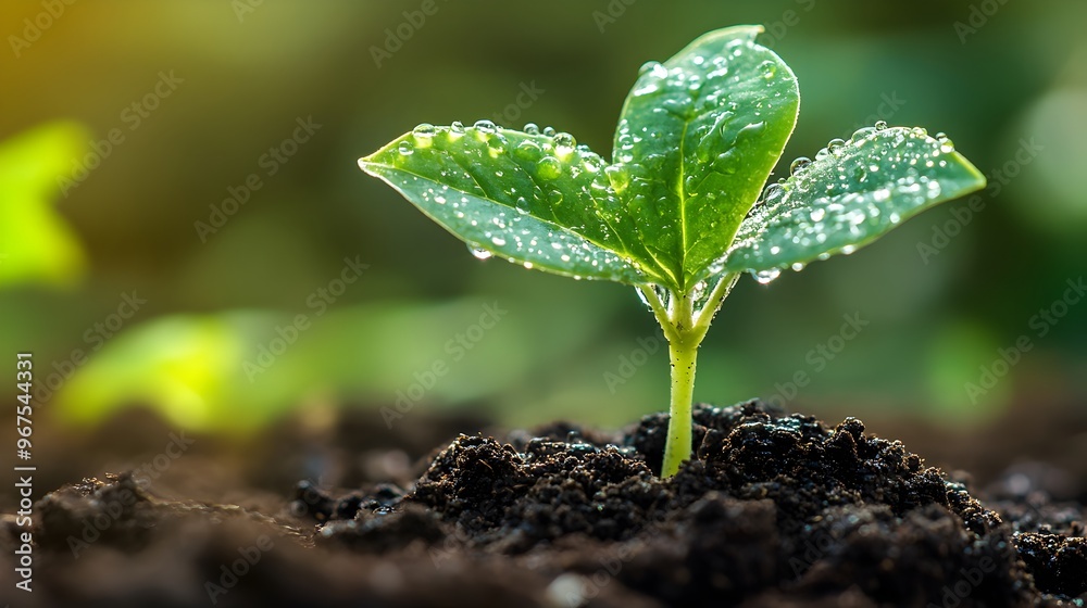 Closeup of a young green plant emerging from soil with water droplets Closeup of a young green plant emerging from soil with water droplets