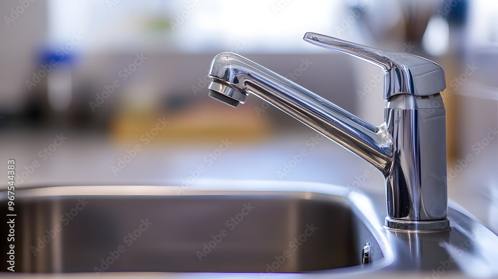 Sleek Chrome Faucet Flowing Over Stainless Steel Sink in Minimalist Kitchen Interior Sleek Chrome Faucet Flowing Over Stainless Steel Sink in Minimalist Kitchen Interior