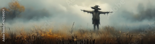 A lone scarecrow stands in a misty field, surrounded by golden grass and trees, evoking a mysterious and tranquil atmosphere.