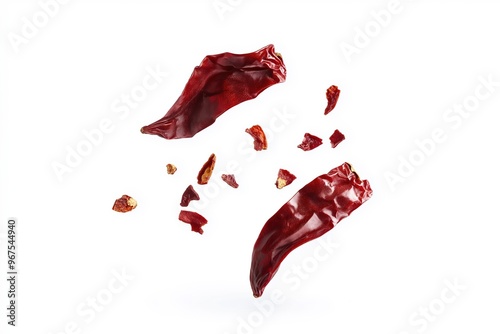 Dried red chili pepper flakes falling on white background