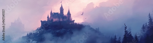 Wallpaper Mural A majestic castle shrouded in mist, set against a dramatic sky at dusk, evoking a sense of mystery and enchantment. Torontodigital.ca