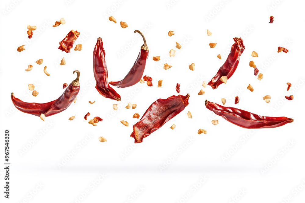Dried red chili peppers falling down on white background Dried red chili peppers falling down on white background