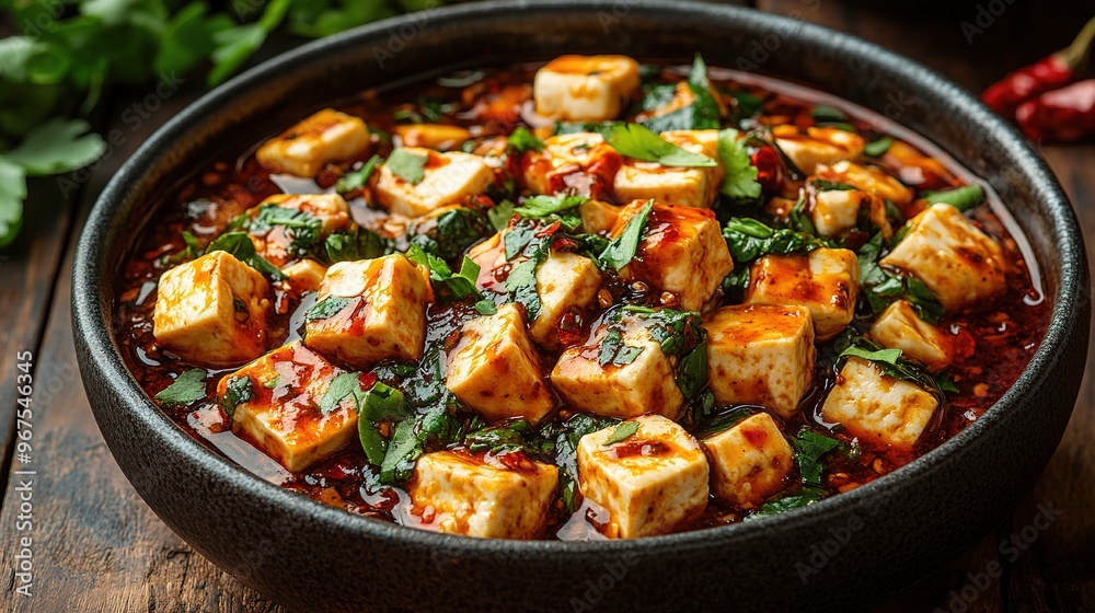 Sichuan-style Mala Tofu Dish with Rich Red Chili Oil and Delicate White Cheese Cubes on Wooden Table. Traditional Chinese Cuisine with Vibrant Colors and Top View Aesthetics. Sichuan-style Mala Tofu Dish with Rich Red Chili Oil and Delicate White Cheese Cubes on Wooden Table. Traditional Chinese Cuisine with Vibrant Colors and Top View Aesthetics.