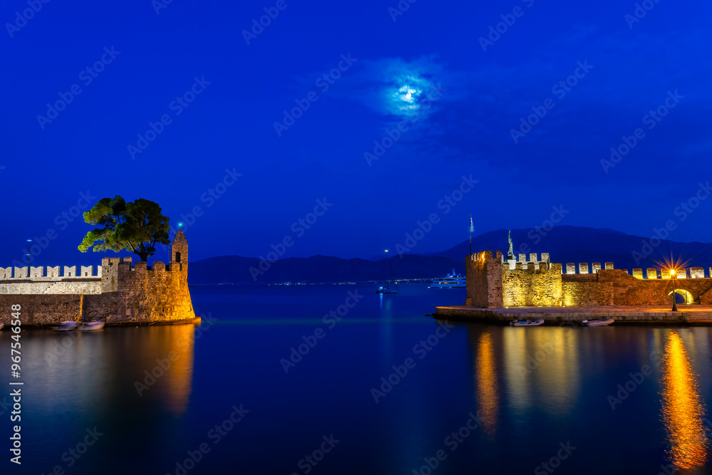 Port of Nafpaktos in Greece in blue hour. A famous touristic destination.