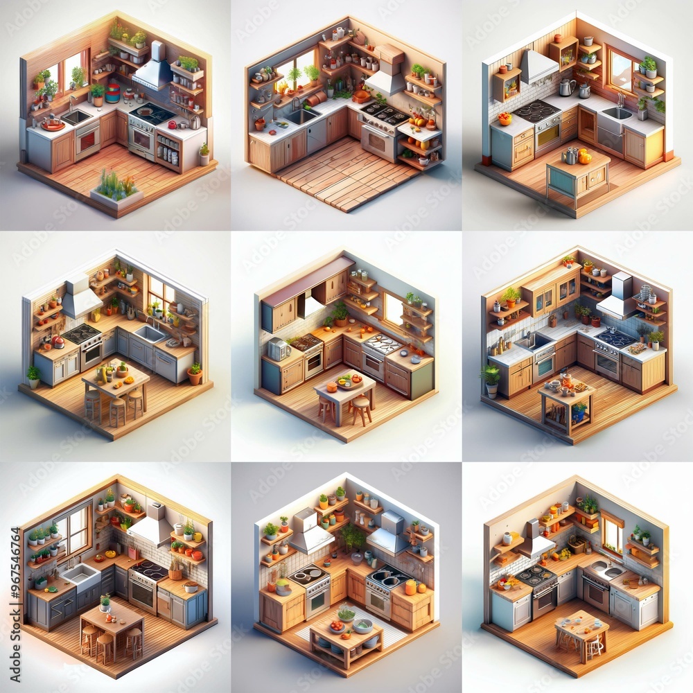 Naklejka premium A collection of isometric kitchens with different layouts and details.