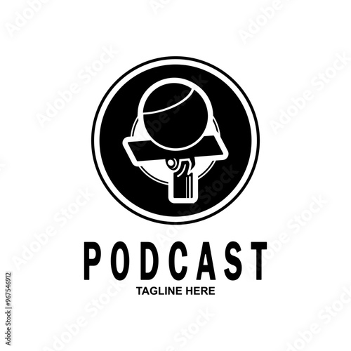 Podcast with microphone. Unique business podcast logo emblem design template.