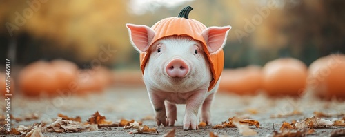  Pig dressed as a pumpkin walking through a spooky barnyard, [pumpkin pig], [Halloween farm animal].