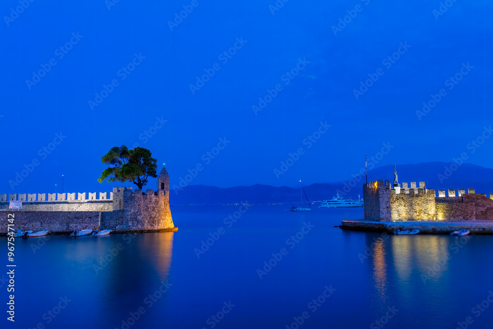 Blue hour in Nafpaktos port in Greece.