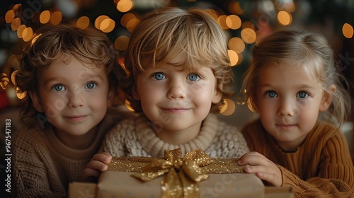 Children excitedly opening presents under the Christmas tree, their faces lit with joy. Capture the wonder and excitement of Christmas morning