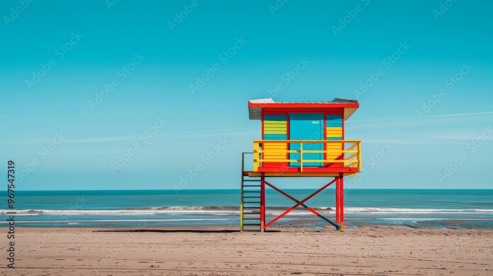 Colorful Lifeguard Tower on a Sunny Beach with Clear Blue Sky and Ocean View Colorful Lifeguard Tower on a Sunny Beach with Clear Blue Sky and Ocean View