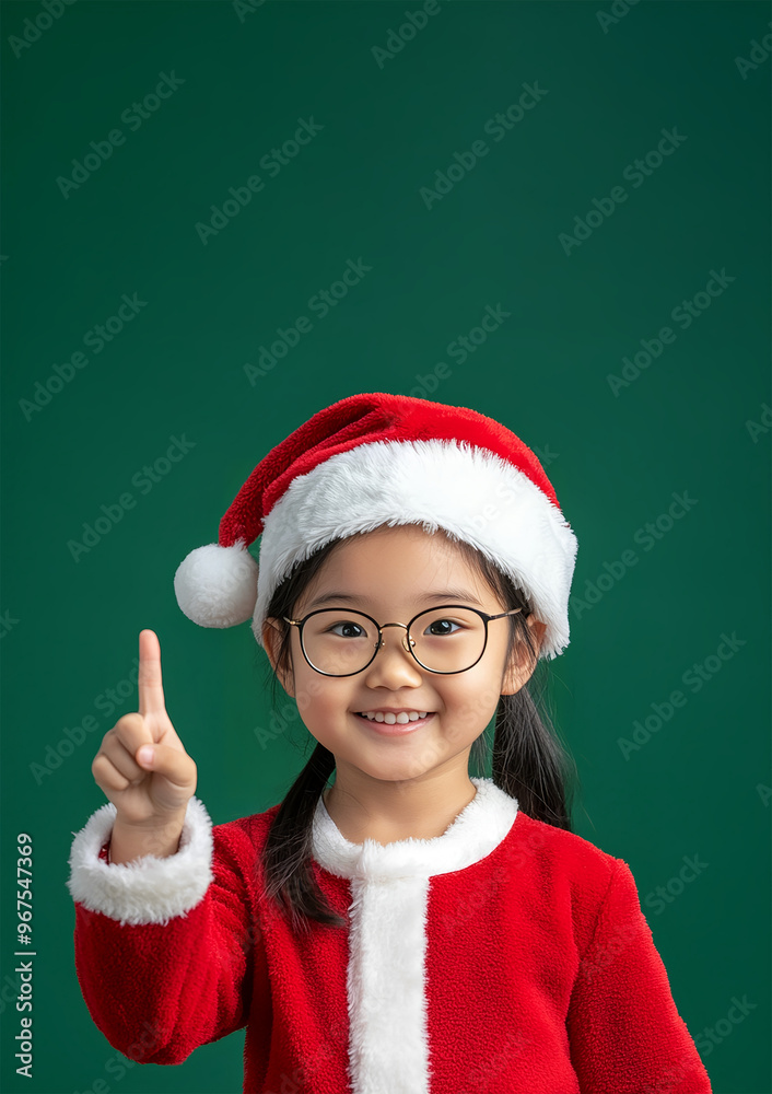 asian little girl (10 years old, smiling, looking at camera, Santa costume, dreadlocks, glasses), pointing with finger to the side at empty space on green background. New Year, Christmas, holiday