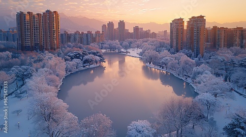 Winter Scenery of Lanzhou City, Gansu Province, China. Snow-blanketed parks with leafless trees, clear air, and distant mountain ranges, serene and beautiful photo