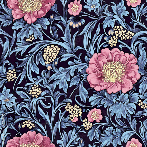 Vibrant floral design features peonies and intricate leaves. Seamless pattern.