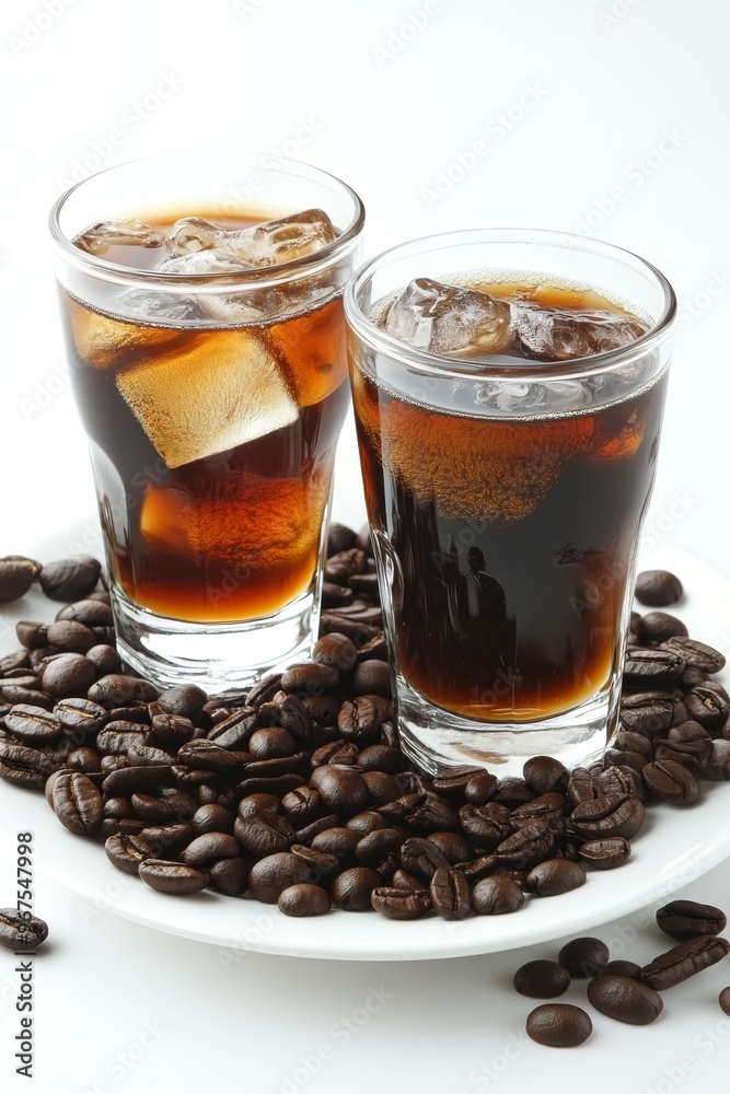 Two Glasses Of Refreshing Iced Coffee Resting On A Bed Of Coffee Beans, Isolated On A White Surface.