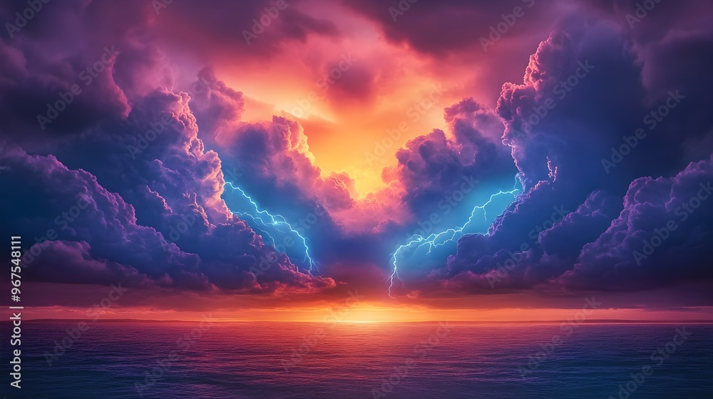 Fototapeta premium Neon Thunderstorm with Electric Blue and Purple Lightning.