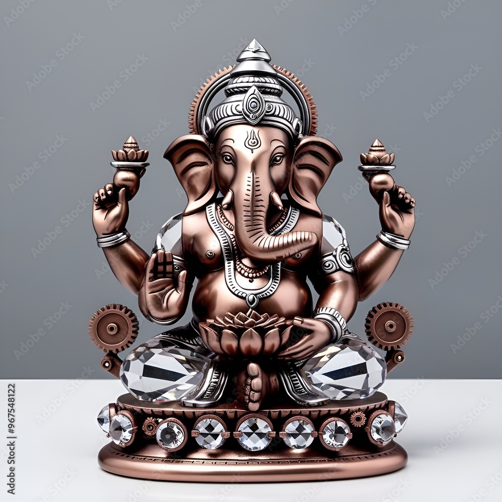 Fototapeta premium Lord Ganesha sits gracefully on a wooden table. Showcasing exquisite craftsmanship and design