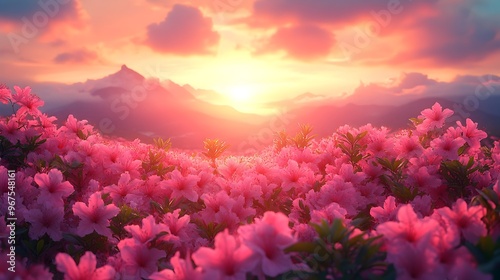 Enchanting Pink Floral Landscape with Dramatic Sunset Mountain Scenery