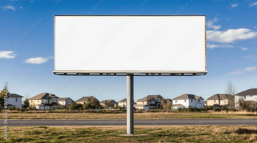 Obraz premium An empty billboard in a suburban area, with residential houses in the background The photorealistic scene offers blank space on the billboard for neighborhood announcements or ads