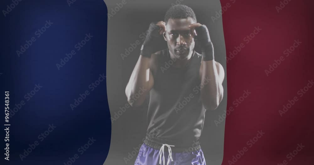 Animation of flag of france over african american male boxer Animation of flag of france over african american male boxer
