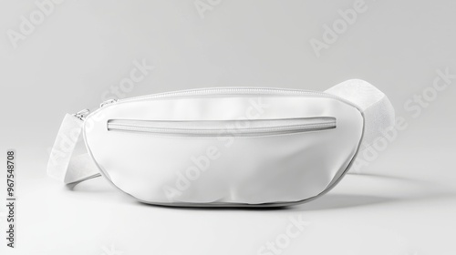 This template features a trendy nylon bellybag which is ideal for tourists, showcasing a clear sport adjuster. It is a 3D model of blank white waist bag mockup from above photo