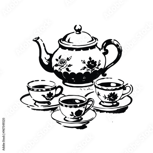 tea wit pot stencil vector hand drawn illustration