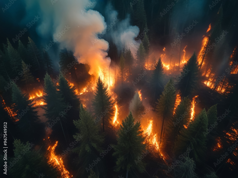 Fire in pine forest at night, forest fire, natural disaster. Fire in pine forest at night, forest fire, natural disaster.