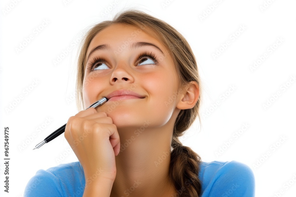 An isolated yellow background shows a little girl perusing a notepad while picturing the chin of a flight pencil wearing a casual checkered shirt and imagining flight pencils An isolated yellow background shows a little girl perusing a notepad while picturing the chin of a flight pencil wearing a casual checkered shirt and imagining flight pencils