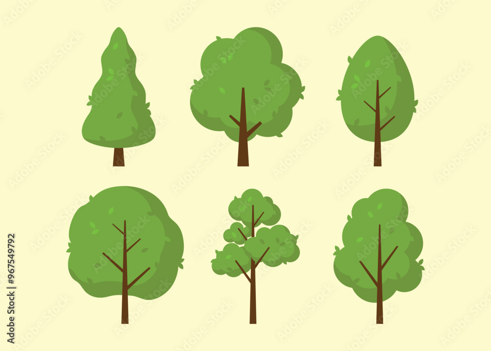 Fototapeta premium Tree and leaf collection flat design element. Botanical set trees. Green trees vector set. Flat illustrations. Nature color. Cartoon tree forest icon silhouette set. Green branch. Nature or healthy.