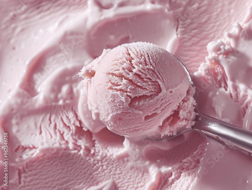 31 Lychee ice cream scoop, closeup, pale pink, detailed macro, light setting photo