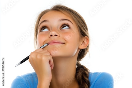 An isolated yellow background shows a little girl perusing a notepad while picturing the chin of a flight pencil wearing a casual checkered shirt and imagining flight pencils