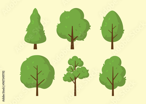 Tree and leaf collection flat design element. Botanical set trees. Green trees vector set. Flat illustrations. Nature color. Cartoon tree forest icon silhouette set. Green branch. Nature or healthy.
