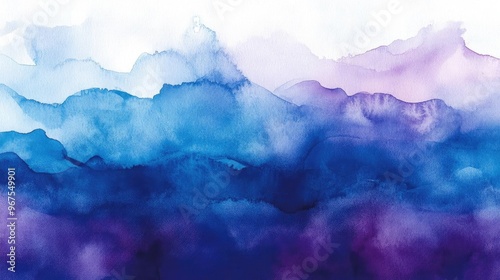 Beautiful abstract watercolor blend of blue, purple, and white hues, creating a serene and calming landscape effect.