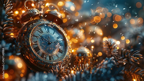 A clock striking midnight, signaling the arrival of 2025, surrounded by sparkling decorations. Capture the magical moment of the New Year