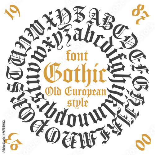 Vector illustration Retro GOTHIC font in circle. Old European style written in circle. Calligraphic patterns. Retro design with monograms. Latin stylized alphabet