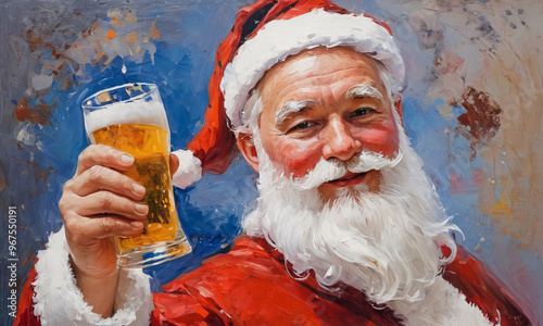 Artificial intelligence. Portrait of Santa Claus holding a mug of beer. photo