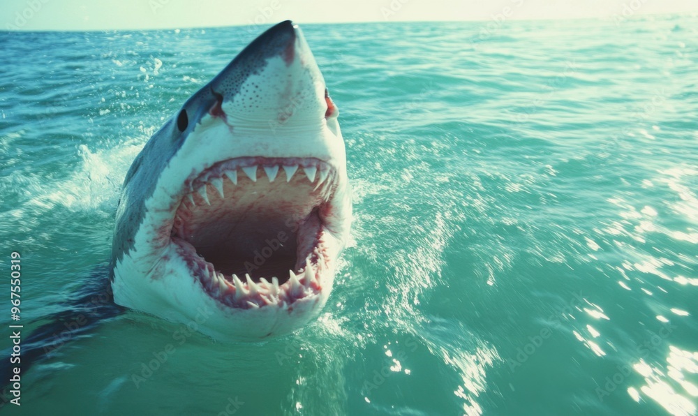 Naklejka premium Attack great white shark. Great white shark with open mouth. Watch out sharks attack. 