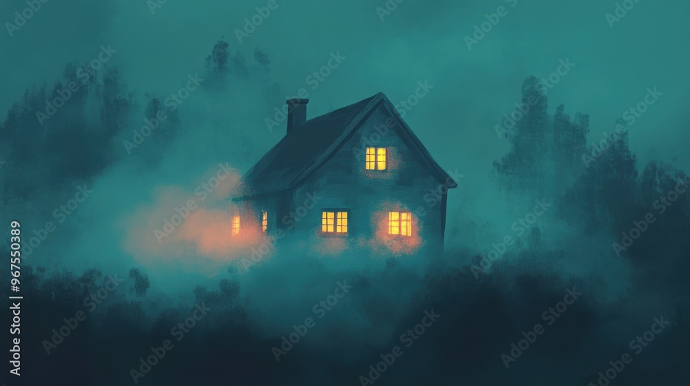 A mysterious house shrouded in fog, with glowing windows illuminating the dark surroundings, creating an eerie atmosphere. A mysterious house shrouded in fog, with glowing windows illuminating the dark surroundings, creating an eerie atmosphere.