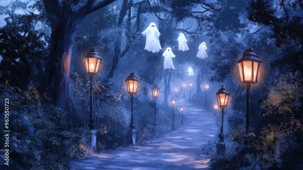 A mysterious night scene featuring glowing lanterns and ghostly apparitions haunting a tranquil forest path. A mysterious night scene featuring glowing lanterns and ghostly apparitions haunting a tranquil forest path.
